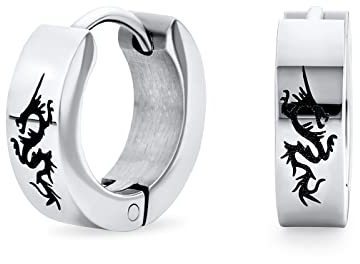 Bijoux De Biker Unisexe Petit Dragon Asiatique Créoles Kpop Boucles D'Oreilles Huggie Pour Hommes Femmes Adolescents Ton Argent Acier Inoxydable