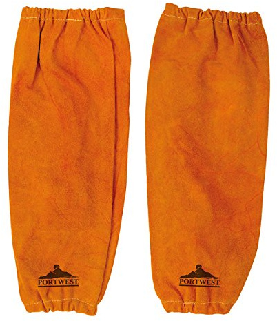 Portwest SW20 FR Leather Welding Sleeves Elasticated Cuffs Split Cowhide | Tan, One Size, CE Certified, EN ISO 11611 Class 2, Secure Fit