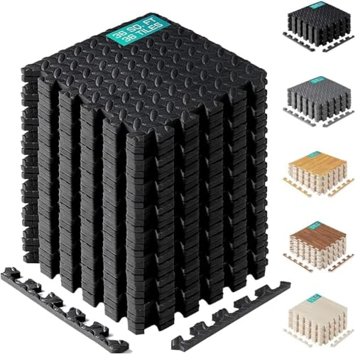 Yes4All M8RZ Interlocking Exercise Foam Mats with Border – Interlocking Floor Mats for Gym Equipment – Eva Interlocking Floor Tiles (Black)