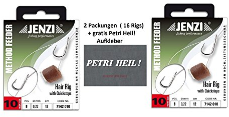 Set: 2 Packung (16 Rigs) Method Feeder Hair Rig von Jenzi mit Gummi Band/Quick Stop, Hakengröße 8, 10, 12 - Länge 12 cm +gratis Petri Heil! Aufkleber (Quickstop Hakengröße 10)