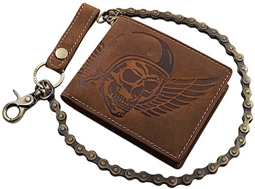 myledershop Pelle di bufalo portafoglio in formato verticale o formato orizzontale con catena metallica con teschio-motivo con blocco RFID & NFC in marrone (Modello 2 / Formato Orizzontale/Marrone)