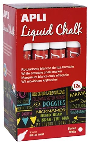 APLI Pennarelli Gesso Liquido Cancellabile - Per Lavagne e Vetri - 5,5 mm - Bianco - 12 pezzi