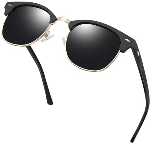 KANASTAL Halbrahmen Sonnenbrille Herren und Damen Klassische Retro Polarisiert Halbrand Sonnenbrille UV400 Schutz mit Metallrahmen, Matt Schwarz Gold Rahmen Schwarz Gläser