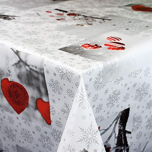 KEVKUS Wachstuch Tischdecke C141251 Weihnachten Herzen Weihnachtskugeln Schneeflocken rot wählbar in eckig rund oval (Rand: Schnittkante, 110 x 260 cm eckig (Biertisch XXL))