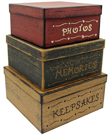 CVHOMEDECO. Primitive Vintage Square Fotos, Erinnerungen, Andenken Karton Nistkästen, groß 27,9 x 27,9 x 14 cm. 3er-Set.