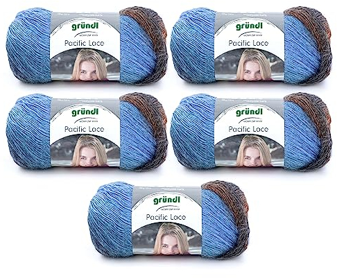 Gründl Pacific Lace (Farbverlaufsgarn mit wollartigem Charakter aus 80% Polyacryl, 10% Wolle, 10% Alpaka, 100g/550 m, Nadelstärke: 2,5mm-3 mm, 5 x 100 g), beige rotbaun lichtblau multicolor, 36x20x8cm