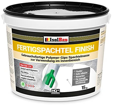 Isolbau Fertigspachtel Finish 15 kg, Glättspachtel Fugenspachtel, Gebrauchsfertige Polymer-Gips Fertig-Spachtelmasse für innen, Weiß Q1-Q7