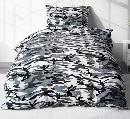 Heubergshop 2 TLG. Baumwoll Renforcé Bettwäsche 135x200cm und 80x80cm - Camouflage Tarnmuster - 100% Baumwolle (Grau, Schwarz, EW-200-3)