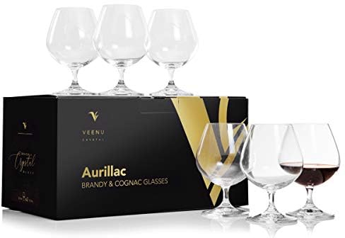 VC Veenu Crystal Aurillac Brandy Snifter Cognac Glass Set of 6 | Port Glasses for Brandy, Cognac, Whiskey | Bohemia Crystal 100% Lead-Free 13.52 Oz (400 ML)
