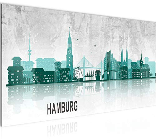 Runa Art Wandbild Hamburg 1 Teilig 100 x 40 cm Modern Bild auf Vlies Leinwand Abstrakt Wohnzimmer Schlafzimmer Türkis Grau 035912b