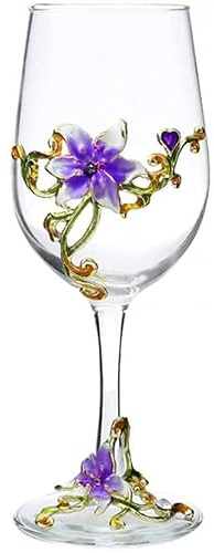Simcat Handmade Painted Enamel Flower Glass Wine Glasses Transparent Refined Goblet, Stem For Cabernet, Gifts (Purple single gift box,1 Gift Box)