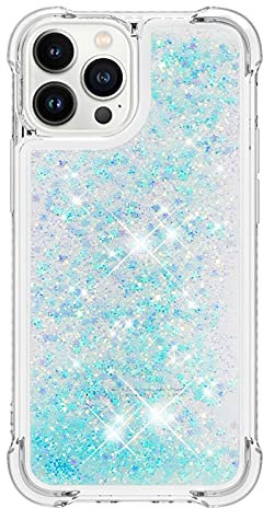 iPhone 13 Pro Max Case Glitter, 3D Bling Sparkle Quicksand Flowing Liquid Clear Transparent TPU Gel Silicone ShockProof Protective Phone Case for iPhone 13 Pro Max Cover Girls, Light Blue