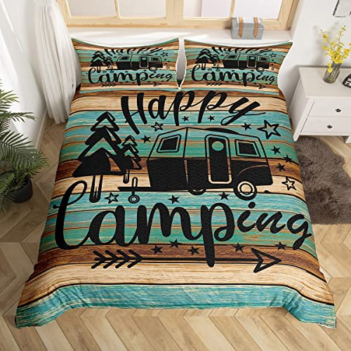 Rustic Farmhouse Style Comforter Cover Camping Travel Car Bedding Set Vintage Wooden Door Duvet Cover for Children Kids Boys Girls Microfiber Green Bedspread Cover Super King