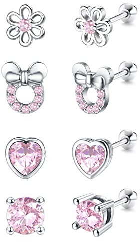 LOLIAS 4 Paar Ohrstecker Silber 925 Mädchen Damen Hypoallergene Herzform Blume Schmetterling Zirkonia Ohrringe Set Süße Rosa Ohrringe CZ Schmuck für Geschenk