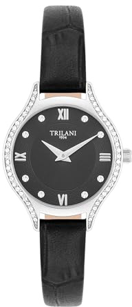Trilani Damen Uhr Edelstahl Silber Quarzwerk 3 ATM | Echtleder Armband, schwarz, Krokodil (Prägung), Zifferblatt schwarz, Mineralglas, Armbanduhr, Fashion-Uhr