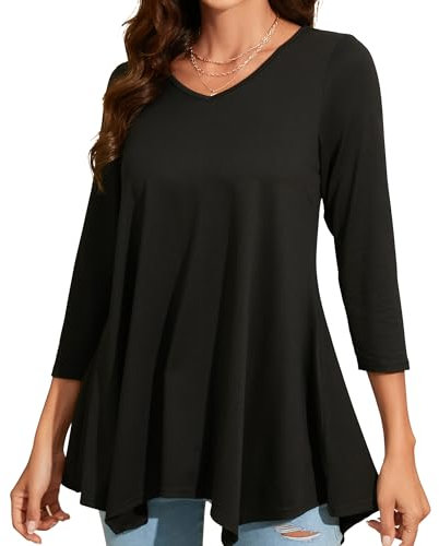 Enmain Tunique Noire Femme Longue Grande Taille Col V Chemisier à Manches 3/4 Chic et élégant Tuniques à Couleur Unie Haut Ample pour Femmes,Noir,3XL