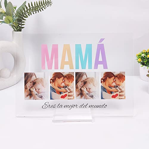 Transparent Gift Placa Personalizada Mamá Multicolor con 4 Fotos y Texto. Regalo Día de la Madre. Regalos Personalizados para Mujer. Regalos Originales para Madres. Placas de Metacrilato Transparente