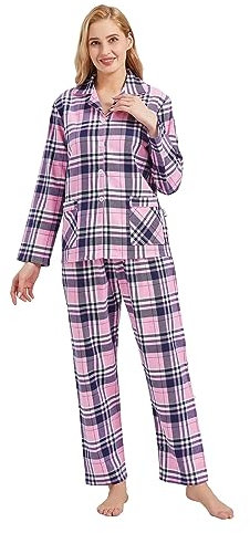 GLOBAL Femme Pyjama Flanelle Manches Long |Ensembles de Pyjama Coton |Chemises de Nuit Bouton | Chaleureux Vêtements de Nuit Confortable Rose/Bleu,Grille 3XL