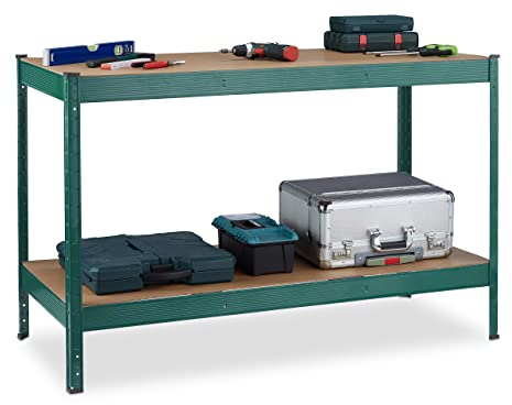 Relaxdays Werkbank, 600 kg, HxBxT: 91 x 141 x 61 cm, 2 verstellbare Ebenen, Werktisch, Stahl & MDF, Werkstattregal, grün