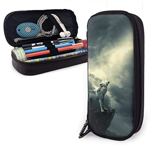 Pu Leder Federmäppchen Wolf Heult Den Mond An Aufbewahrung Bleistift Tasche Langlebig Federmappe Tragbare Schulmäppchen Für Büro Mädchen High School