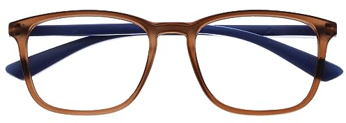 OPULIZE Max Lesebrille - Klassische große rechteckige Fassung - Brille in Mattbraun mit marineblauen Bügeln - Herren Damen Unisex - R78-2 - +3,50