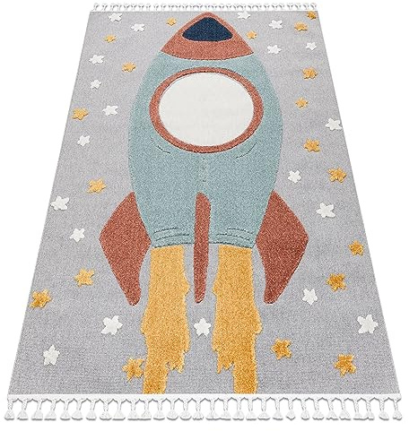 rugsx Teppich für Kinder YOYO GD55 Sterne, Rakete, strukturell, sensorische, Fransen, grau/blau 160x220 cm