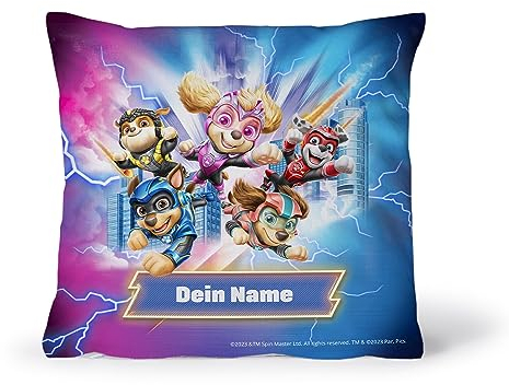 PICANOVA – PAW Patrol Kissen Mit Name – Der Mighty Kinofilm Pups Fotokissen mit Füllung 30x30cm – Text individuell Bedruckt – Personalisiertes Geschenk für Kinder