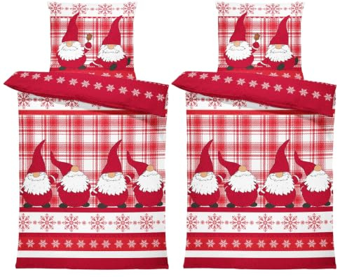 one-home Winter Bettwäsche Thermo Fleece Kuschelig Warme Bettbezüge Flauschig Warm Weich, Größe:4 teilig 155x220 cm, Farbe:Wichtel Rot