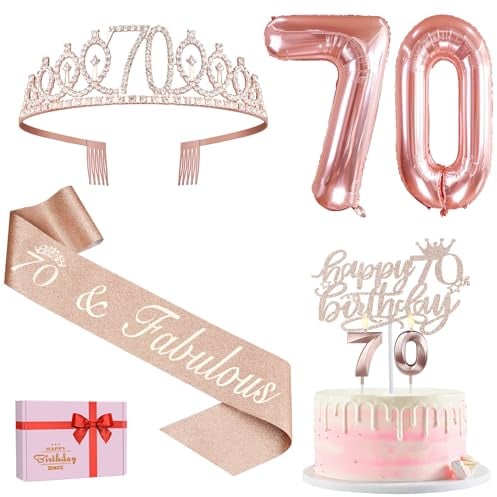 Amosking 70th Birthday Decorations for Women, Including 70th Birthday Sash and Tiara, Cake Topper and Candles, Rose Gold Number Balloons, 70 Year Old Gifts for Women