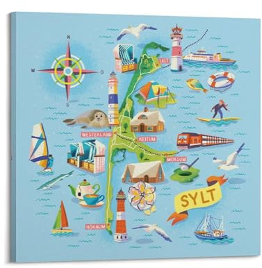 WALS Landkarte Poster Europa Deutschland Sylt Dekorative Leinwand Familie Schlafzimmer Kunstwerk Bild Gemälde 40 x 40 cm
