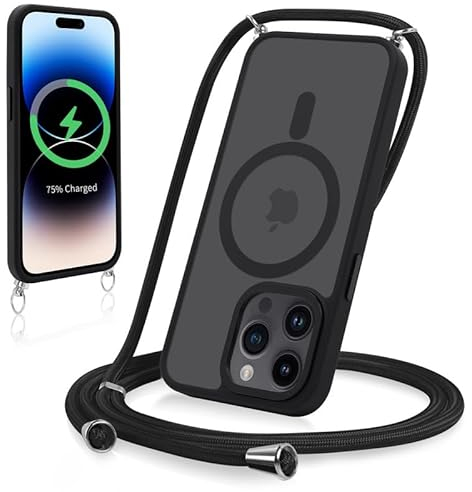 Yoedge Magnetische Handyband für iPhone 11 Pro Max 6,5 Hülle mit Band,Handyhülle Kompatibel mit MagSafe,Matt Transluzente PC + TPU Stoßfest Schutzhülle mit Abnehmbar Kordel zum Umhängen Case,Schwarz
