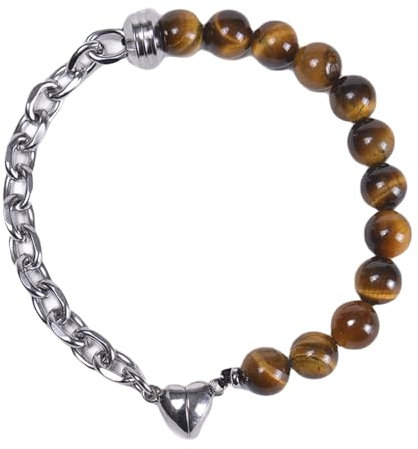 Wycian Herren Armband Braun, Armband Edelstahl Damen Perlen Tigerauge Kristall Herzmagnet Aus Edelstahl 21.5cmx8mm Magnet 1er Naturstein für Verlobung