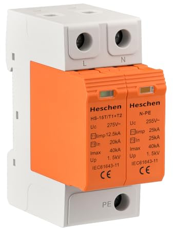 Heschen Dispositivo di protezione contro le sovratensioni SPD, HS-15T, 1+N-PE 275VAC, tipo T1+T2, a prova di incendio, scaricatore di bassa tensione, montaggio su guida DIN 35mm