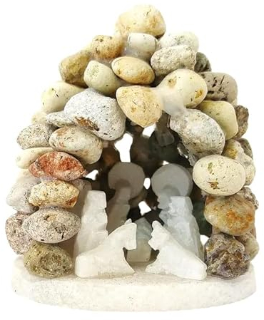 100 North, Einzigartig, Huamanga mit Grotte, handgefertigt in Peru, 9,5 x 6,3 cm, Flussfelsen mit geschnitztem Alabasterstein, Krippe
