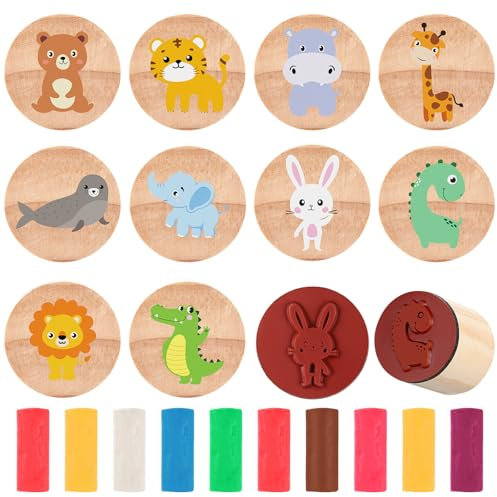 Tenare 10 Set Holzstempel Knetmassen Set Enthalten 10 Holz Tierstempel für Kinder und 10 Mehrfarbige Plastilin Spielzeug Stempel für Junge Mädchen Party Mitgebsel Geburtstags Geschenk zur Babyparty