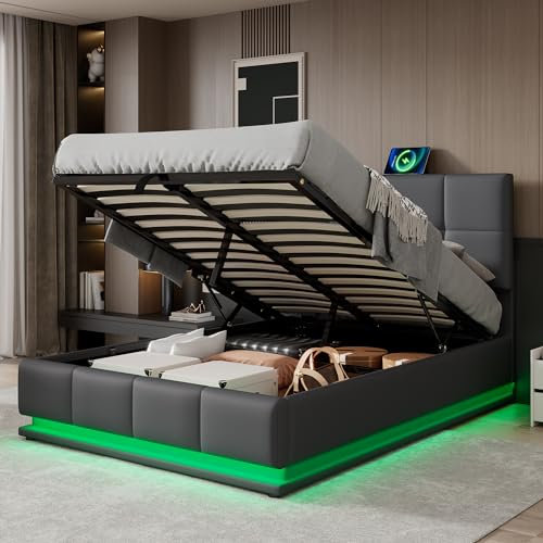 TZCIN Ottoman Lift Storage Bed, 4ft6 Double Bed Frame with LED Light, PU Leather Upholstered Bed Frame with Gas Lift Up Underbed Storage, Adjustable Headboard and Wooden Slats, No Mattress, Grey A