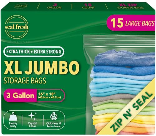 Seal Fresh 3 Gallon Large Plastic Storage Bags – 16 x 18 (15 Count) – Reusuable XXL Extra Large Heavy Duty Clear Jumbo Freezer Zip Bags with Sealable Zipper Top For Clothes, Travel, Moving