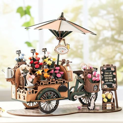 ROWOOD Carrito de Flores de Puzzles 3D, Kits de Modelo de Madera para Adultos, Kits de Manualidades de Construcción de Flores, Cumpleaños