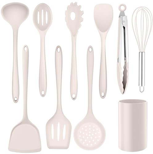 Homikit Silikon Küchenhelfer, 10 Stück Khaki Küchenutensilien Kochbesteck Set mit Utensilienhalter, Hitzebeständiger Kochutensilien Kochset für Kochen Backen, Antihaft, Gesund & Spülmaschinenfest