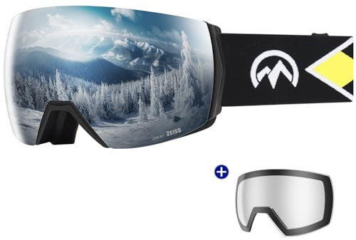 OutdoorMaster Ultra Ski Goggles Lens by ZEISS, OTG Snowboard Goggles Anti-Fog Wide View, Magnetic Interchangeable Lens, Snow Goggles für Männer & Frauen(Silver Vlt 17% + Clear Lens)