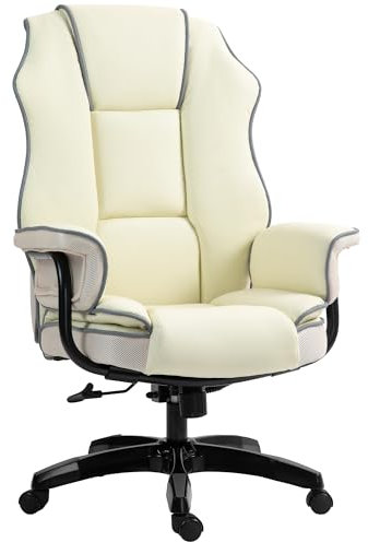 Vinsetto Bürostuhl, Ergonomisch Schreibtischstuhl mit Liegefunktion, Drehfunktion, Höhenverstellbar Computerstuhl für Home-Office, Kunstleder, Creme