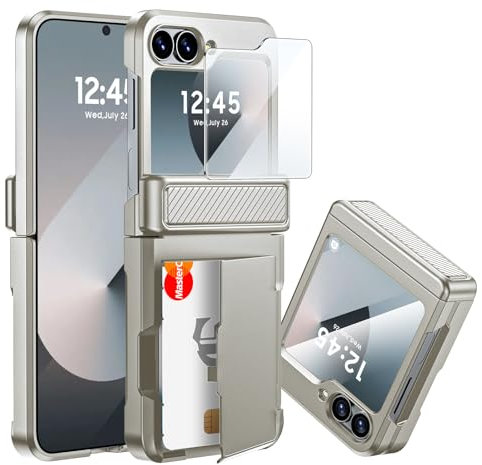 CENMASO for Galaxy Z Flip 7 FE/Z Flip 6 Case Built-in Card Holder, Z Flip 7 FE Wallet Case with Hinge Protection & Screen Protector, Shockproof Protection Case for Galaxy Z Flip 6(Natural Titanium)