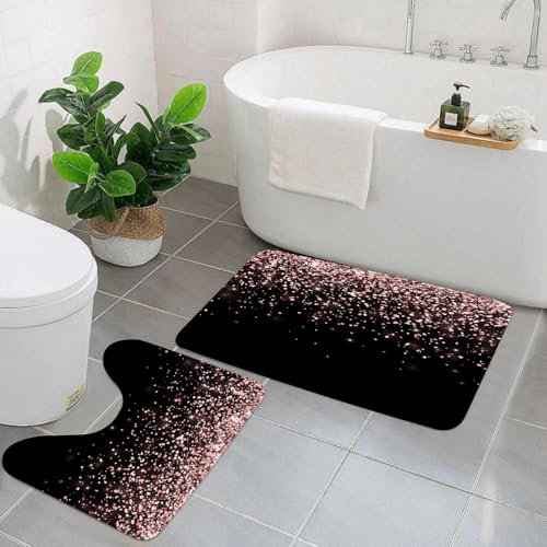 AELKSP 2 Piece Non Slip Bathroom Rugs Set,Luxury Thick Microfiber Shaggy Bath Mat Sets,Rose gold falling glitter on black background. Vector illustration,Machine Washable Bathroom Mats Carpet