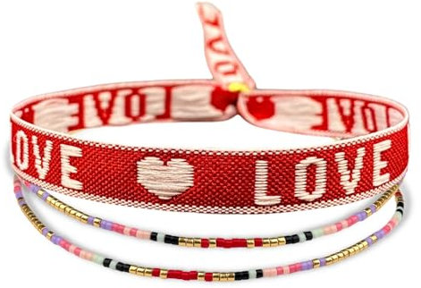 happymaker - Boho Armband Set Damen, 2 Stoffarmbänder in neon mit - Love und Good Vibes - und 2 Miyuki Armbänder wasserfest und größenverstellbar, handmade in Deutschland