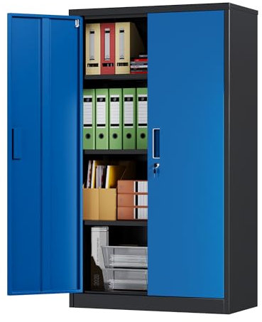 SUPEER Armadio in metallo con 3 ripiani regolabili in altezza, in lamiera di acciaio verniciato a polvere, per attrezzi, garage, altezza 140 cm x larghezza 80 cm x profondità 40 cm (nero/blu)