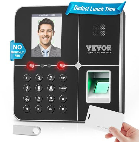 VEVOR Stempeluhr Arbeitszeiterfassungsgerät für Mitarbeiter mit Gesichtserkennung, Fingerabdruck, RFID-Karten und PIN-Eingabe in einem, eigenständige biometrische Stempeluhr Check in Time Clock