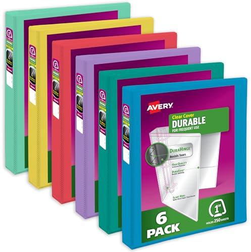 Avery Durable View 05631 Ringbuch, 2,5 cm schräge Ringe, 250 Blatt Kapazität, verschiedene helle Farben, 6er-Pack (05631) – für Schule, Büro, Lehrer, Klassenzimmer und Heimorganisation