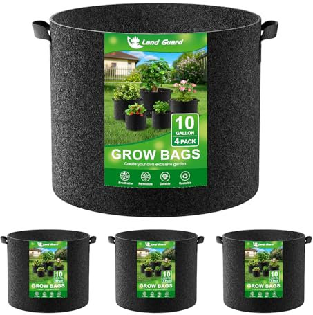 Land Guard 4-Pack Fabric Grow Bags 10 Gallon, Thickened Nonwoven Garden Pots, Growing Bags with Handles, Black