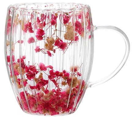 Syengery Blumen Doppelschicht Glasbecher, 300ml Glasbecher Mit Getrockneten Blumen, Trockenblumen-Becher, Thermogläser Doppelwandig, Kaffeeglas Teegläser Für Cappuccino, Tee, Milch, Bier