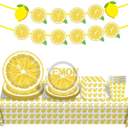 52 Pcs Fruits Theme Kids Birthday Party Supplies,Tableware Set,Yellow Lemon Party Tableware Set for Kids,Paper Plates Napkins Cups Banner Tablecloth,Tableware Decor Birthday for Family(Lemon)
